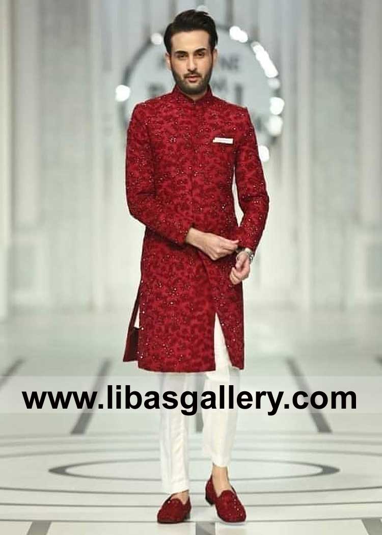 Maroon hand embellished Groom Sherwani graceful Affan Waheed Showing with inner kurta Trouser New York London Sydney Dubai Toronto