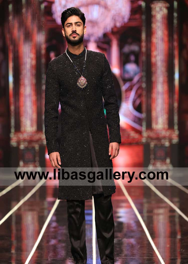 Black Sherwani embroidered and hand Embellished by Cut dana Royal Collection for Dulha Nikah day with Black Trouser Inner Kurta UK USA Dubai Australia