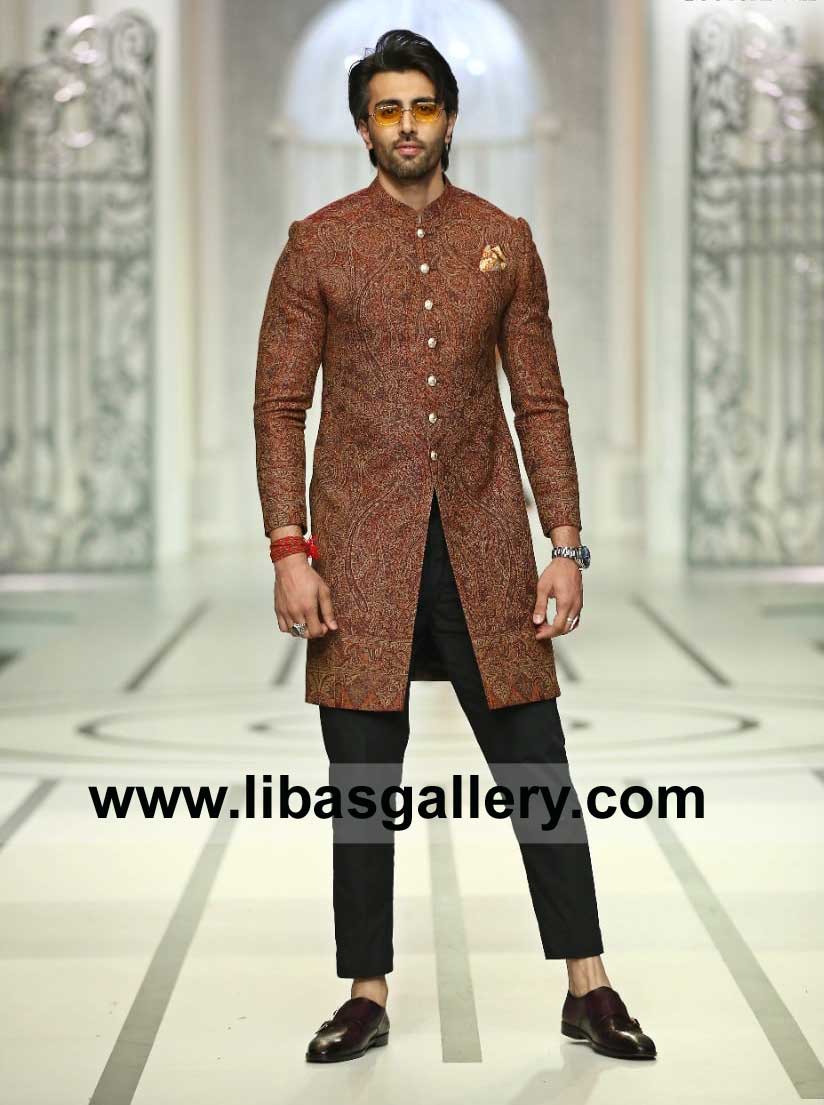 Men Sherwani Style that put spotlight on Groom Nikah Barat day paired with Black Inner Kurta and Trouser fast delivery worldwide UK USA Australia Canada