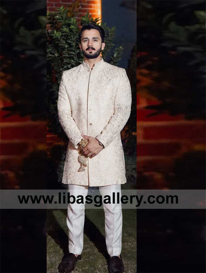 Off white Self computer embroidered Nikah Sherwani for Vlogger Groom Rajab Butt paired with inner white kurta pajama UK USA Dubai Canada