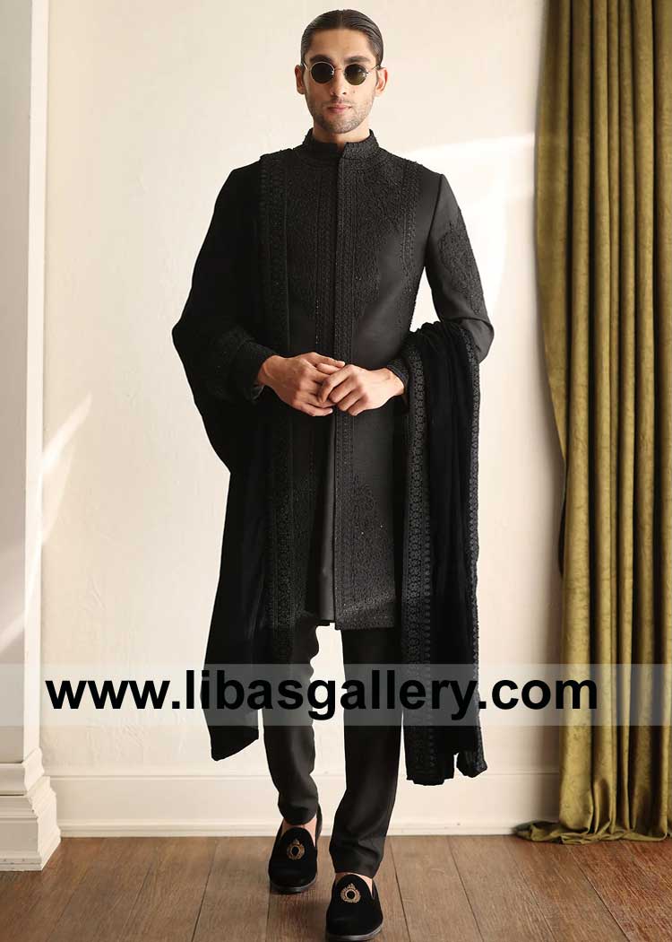 luxury Groom Wear Self embroidered Black Sherwani Style exquisite Wedding attires using classic and modern methodology New York Toronto Dubai Perth