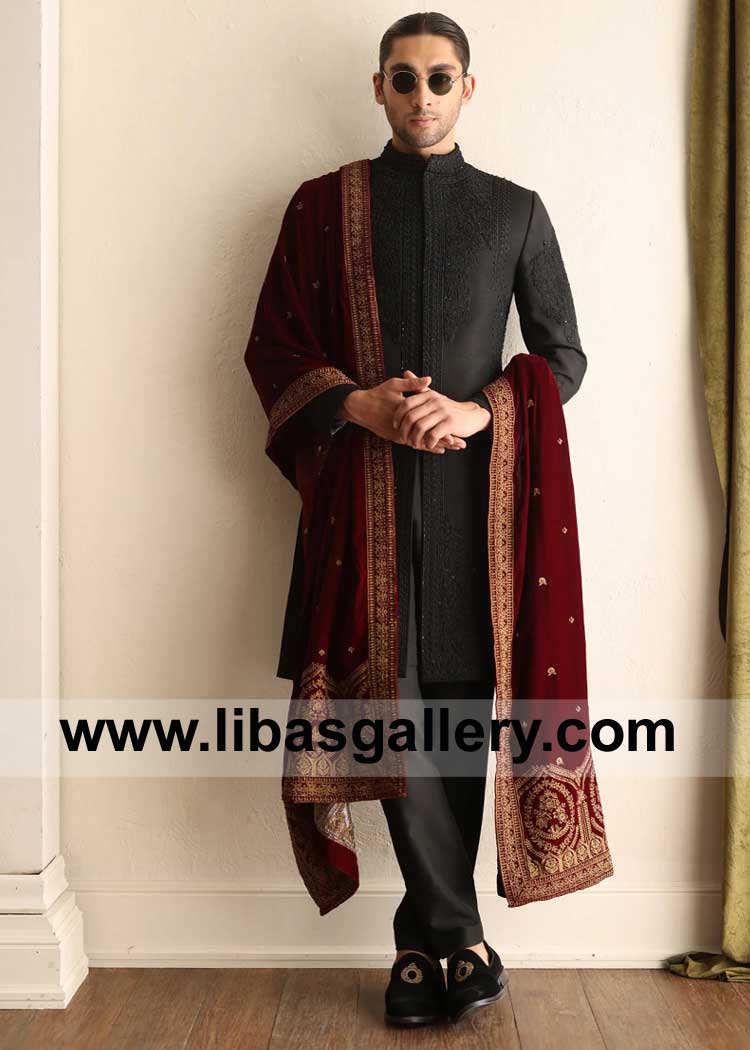 Eastern Men Sherwani self Embroidered in Black for Nikah paired with Red embroidered Groom Shawl and Inner Shirt Trouser UK USA Canada Australia