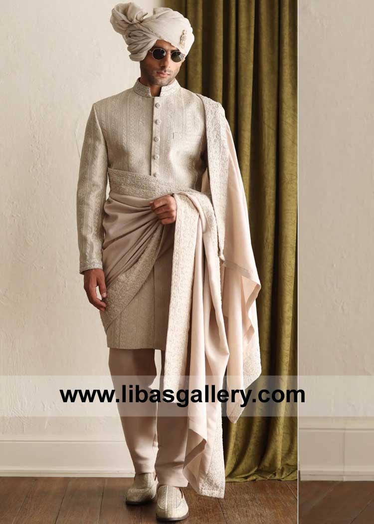 light Beige Self Embroidered Groom Wedding Sherwani short length paired with matching inner Groom Shawl and Shoes London Birmingham Liverpool, UK
