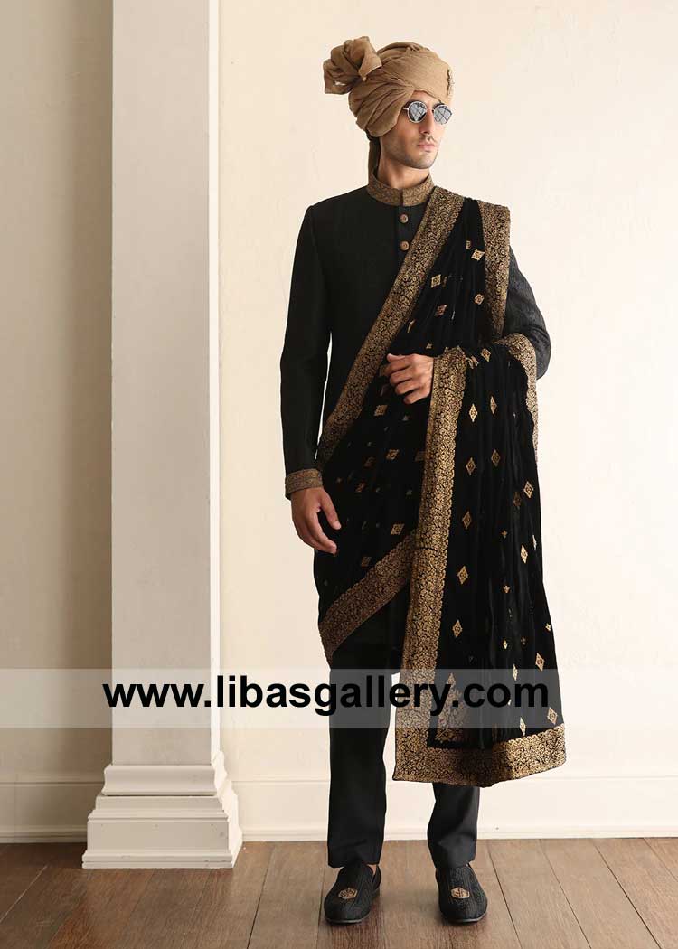 Buy Black Self Embroidered Wedding Sherwani Design for Dapper Groom compliment with matching inner and Groom Velvet Shawl Embroidered Dubai UK USA