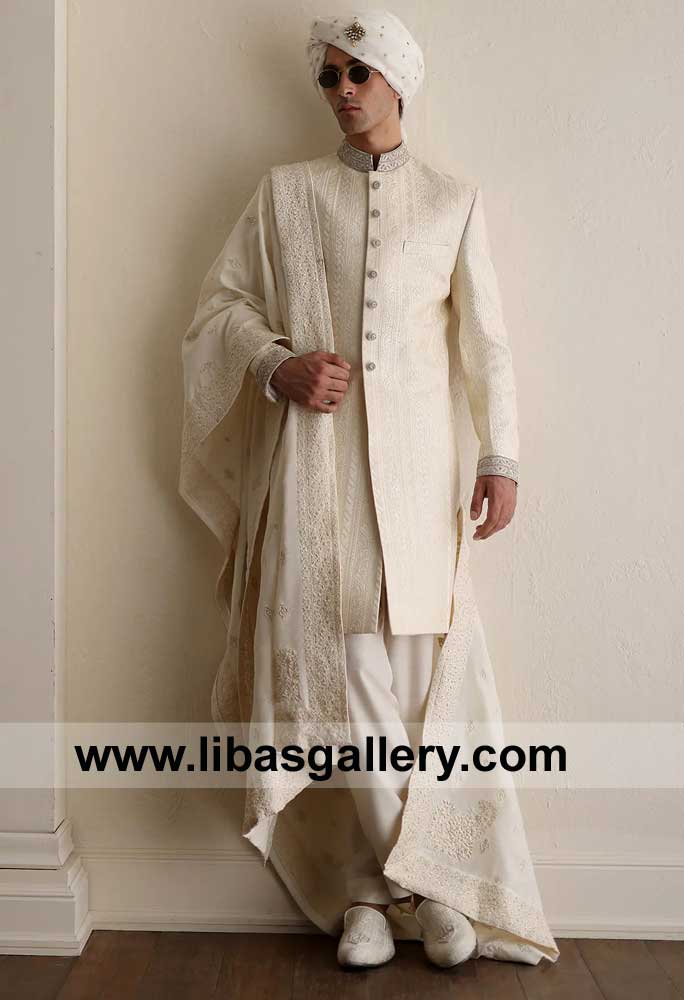 Cream self embroidered Sherwani for mind blowing Groom available with matching inner Suit embroidered Groom Shawl and Shoes Dubai France Germany Qatar