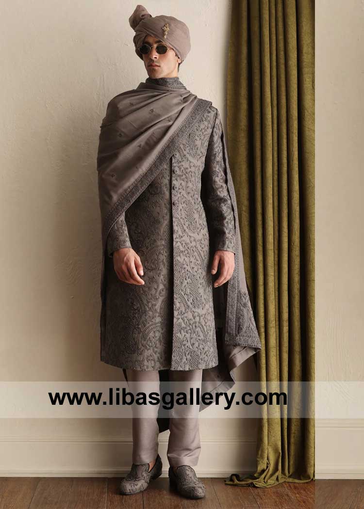 Gray Groom Wedding Sherwani intricate hand embellishment with matching Turban shoes Groom Shawl and Inner Quebec Philadelphia Plymouth Dubai