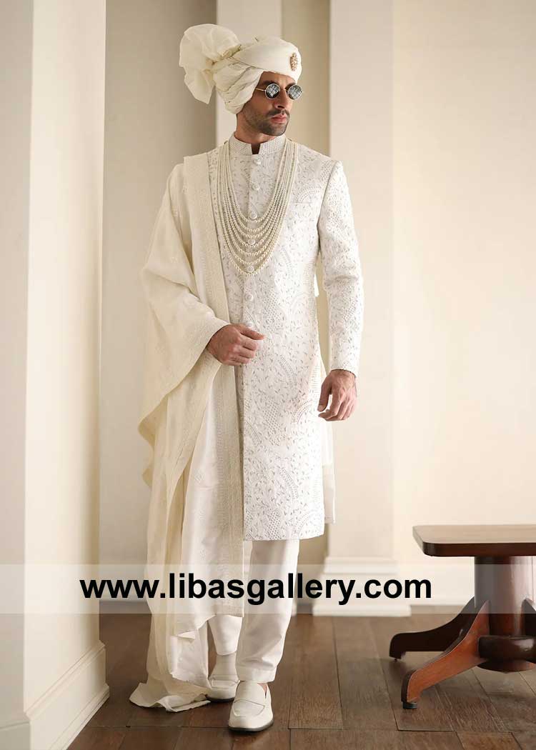 Lavish off White Embroidered Wedding Sherwani Style for Men Nikah showing majestic flair with matching inner Turban Shoes and Groom Shawl California Vancouver Qatar