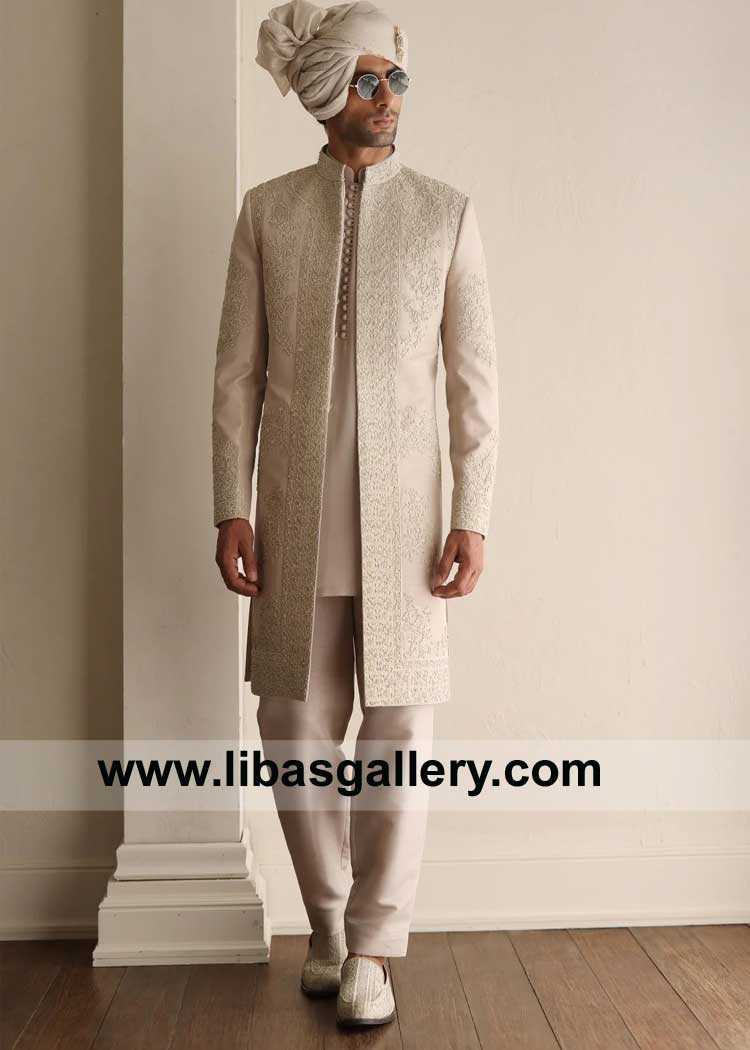 Ivory Sherwani for Men Nikah hand embellished dull gold intricate work of kora dabka paired with inner suit Turban and Shoes UK USA Canada Australia Dubai