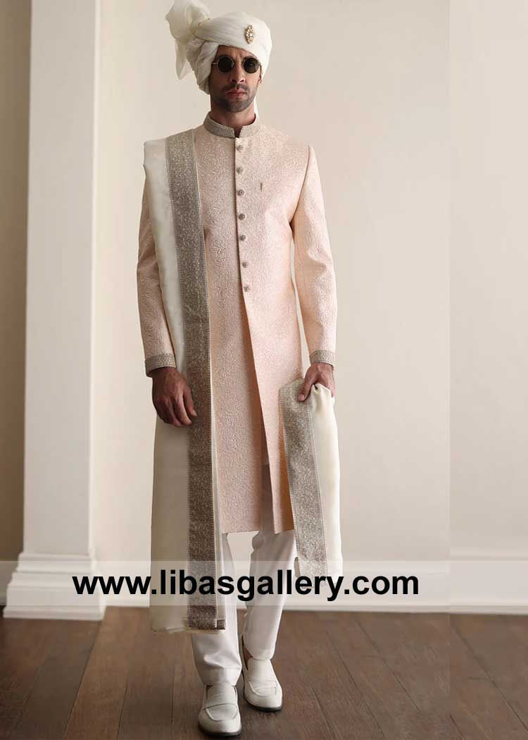 Powder Pink intricate Embroidered Groom Sherwani paired with off white inner Turban Shoes and Embroidered border Shawl London Birmingham Bristol UK