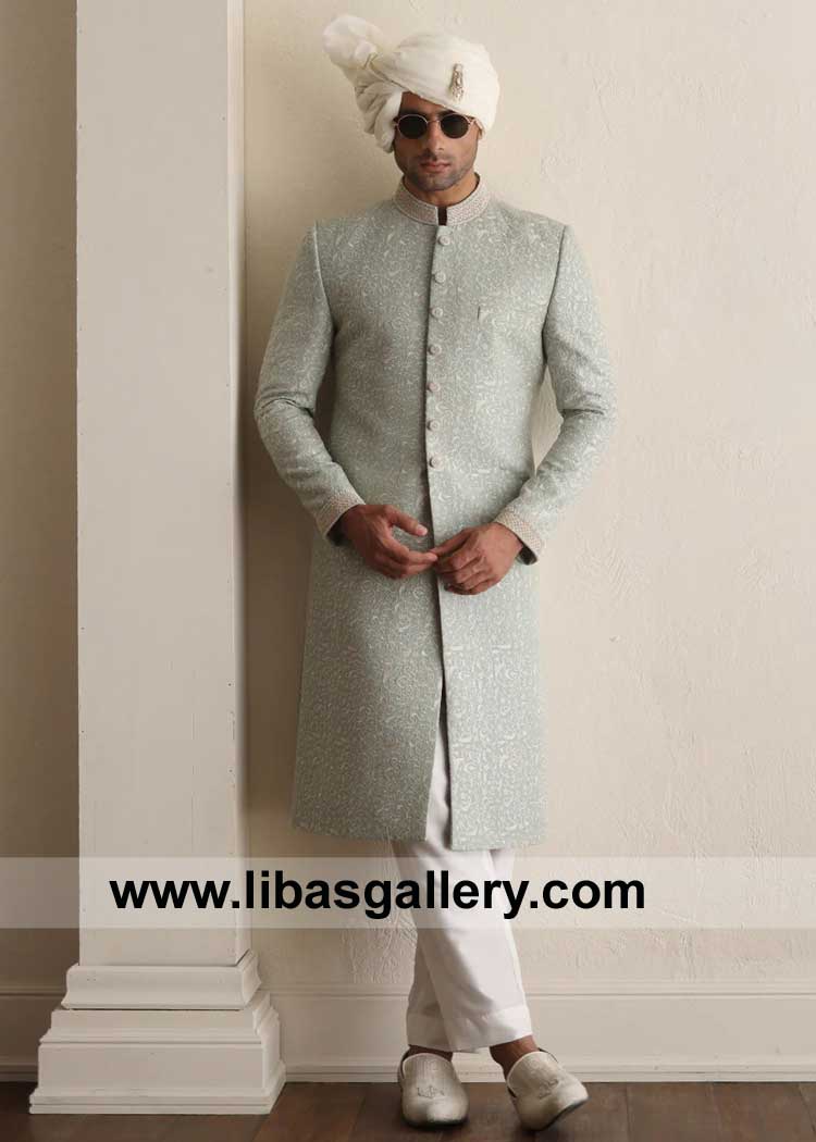 Sea Foam Embroidered Groom Wedding Sherwani for Nikah buy with white Inner Suit Pretied Turban and Groom Shoes New York City Buffalo Rochester USA