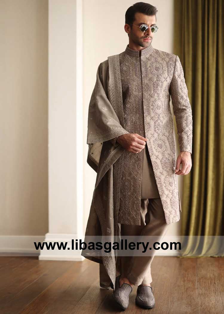 Taupe hand embellished Wedding Sherwani for Groom Nikah Event with matching Groom Embroidered Shawl and matching Shoes Qatar Saudi Arabia Kuwait