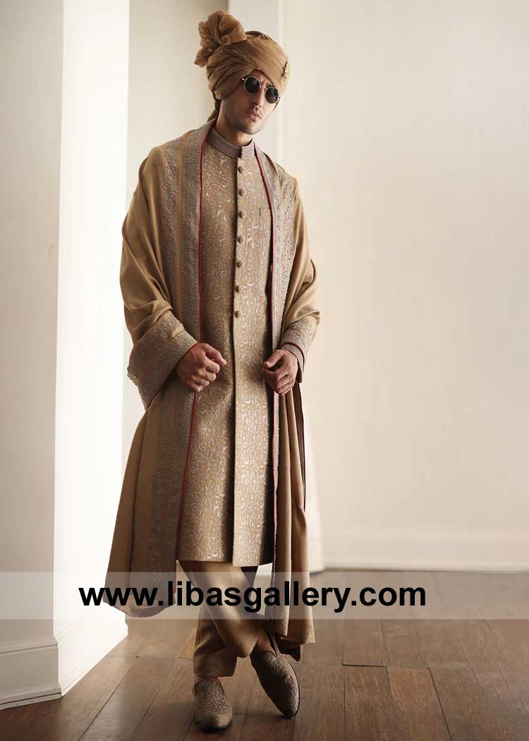 Antique Gold intricate Embroidered Groom Marriage Nikah Sherwani Gold embroidered Shawl Gold Turban Gold Inner and Gold Shoes UK USA Canada Australia Dubai
