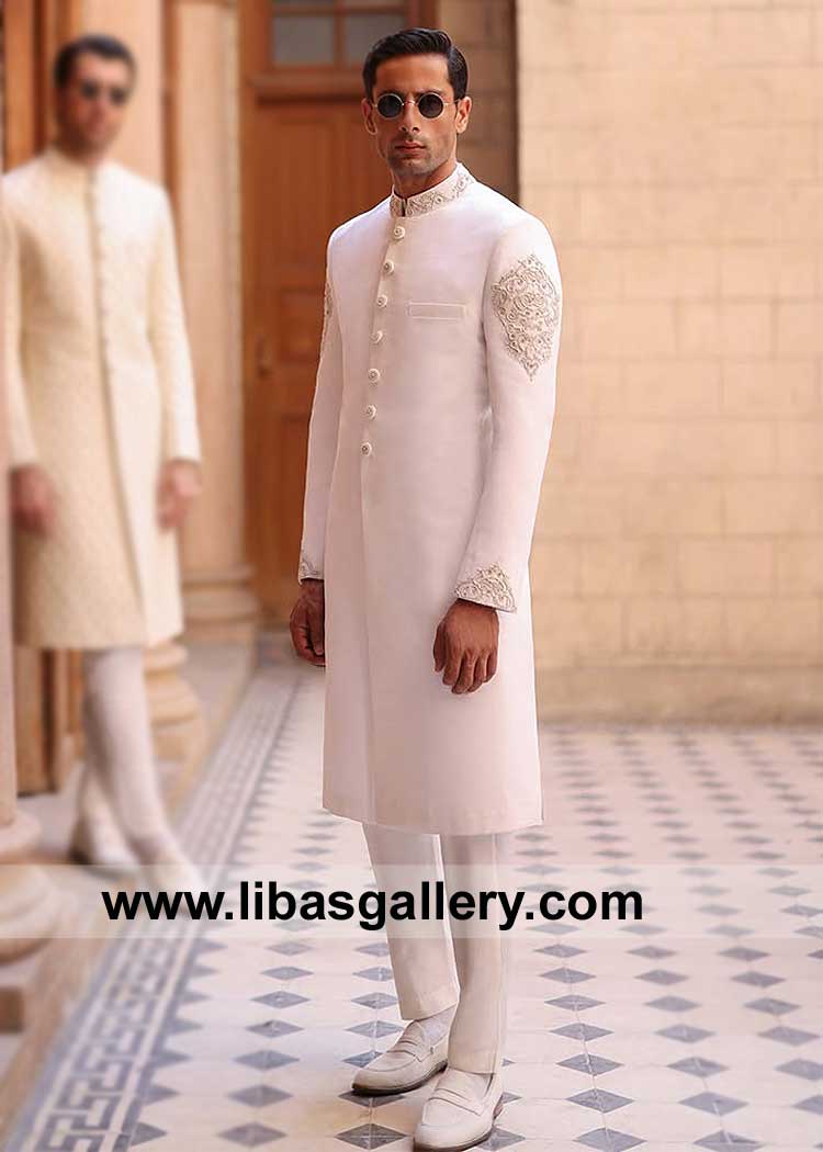 Off White Grand Wedding Embroidered Sherwani with matching embellished buttons adorn delicate hand embellishment on collar Arms  Chicago Aurora USA