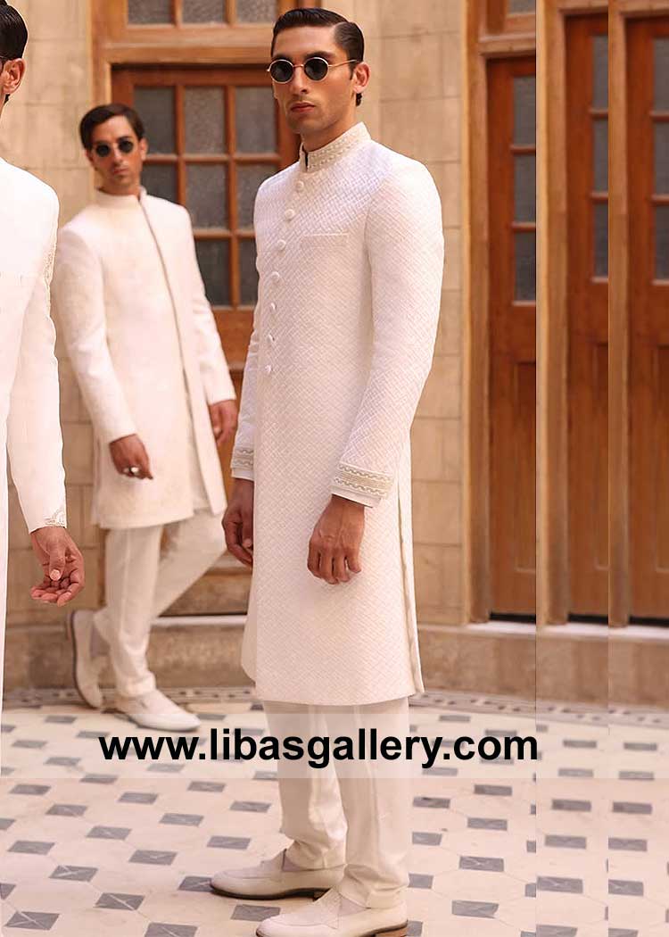 White Cross line Embroidered Groom Sherwani with inner suit and delicate hand embellishment on buttons Collar and Cuff  Edmonton London Perth Oslo Auckland
