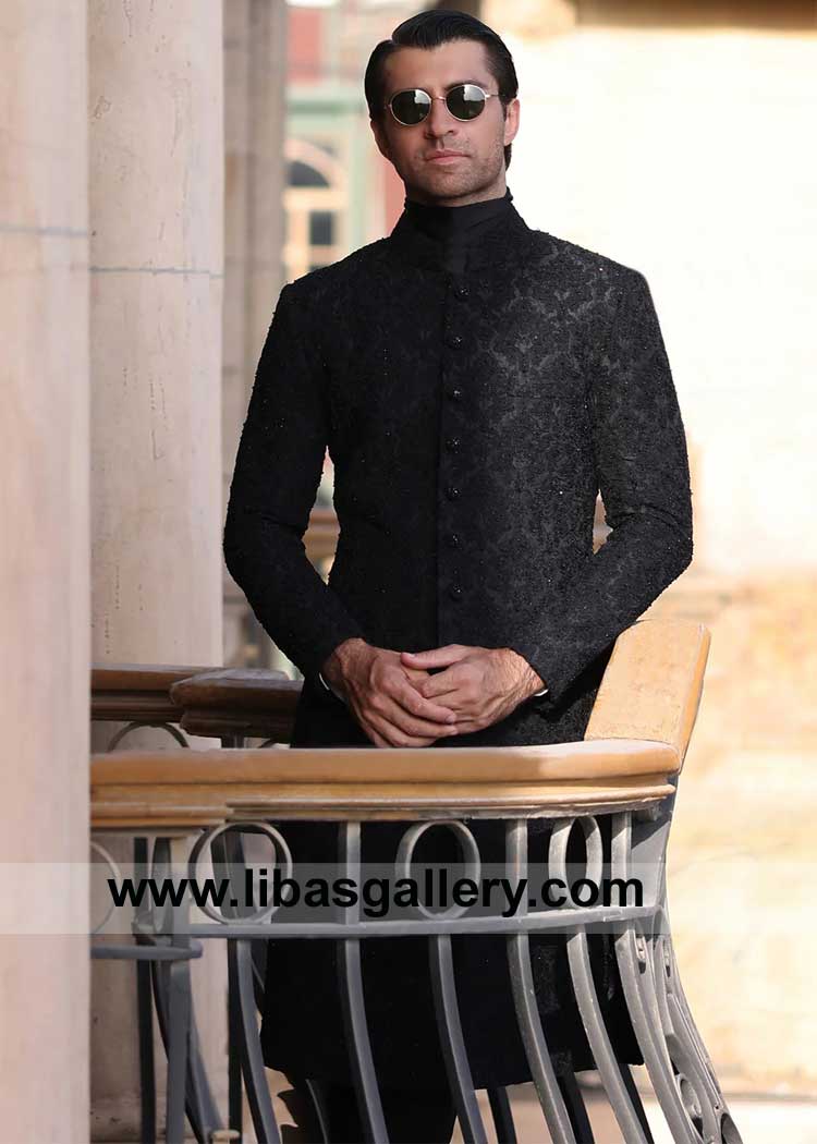Black Self hand embellished Groom Wedding Sherwani Style for Nikah with kora dabka beads work Dundee Birmingham Dubai California Mississauga