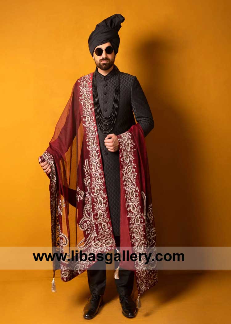 Majestic Black Sherwani expertly crafted for Special Occasion and Wedding paired with Black Inner Black Turban and Embroidered Maroon Shawl UK USA Canada