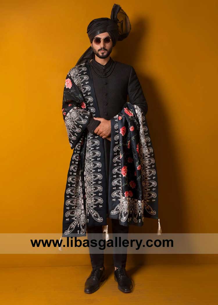 Intricate hand embroidery on black Groom Nikah sherwani Style with long Digital print Shawl Black Organza Turban and inner 