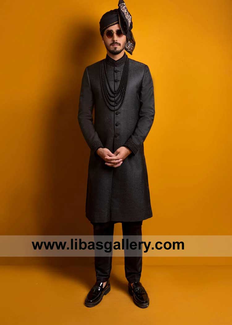 Self Jamawar Black Sherwani for Men Nikah Ceremony paired with Classic Turban matching Inner Suit and hand work on collar and cuff Glasgow Leicester Edinburgh UK