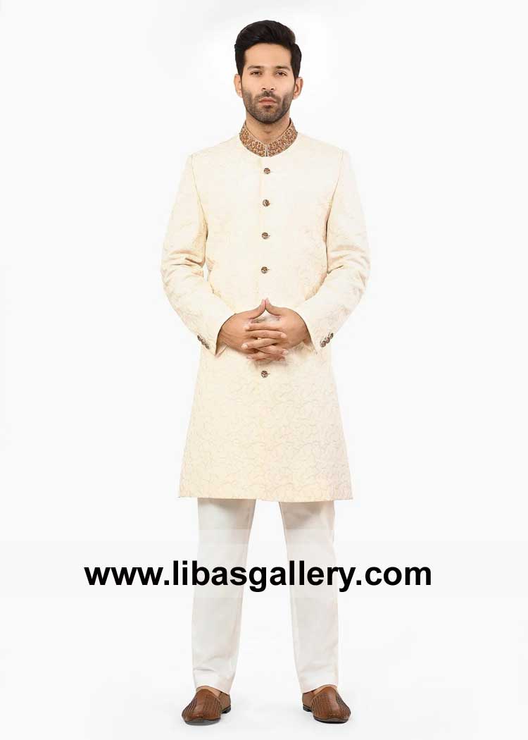 Men Cream Sherwani in Raw silk with Fabric Beautiful Buttons and inner kurta pajama suit hand work on sherwani collar Jacksonville Austin San Jose USA