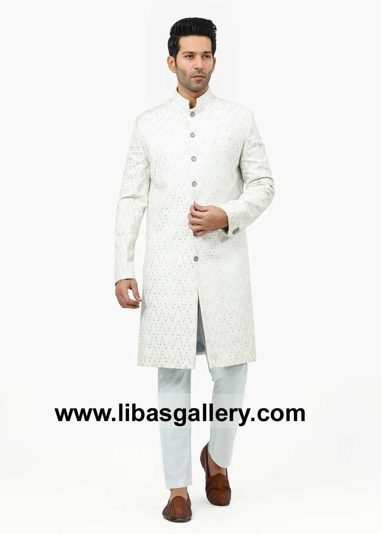 Men Regular Fit White Stylish Sherwani with Velvet piping and pocket square paired with white inner kurta pajama suit Vancouver Doha Dubai New York London