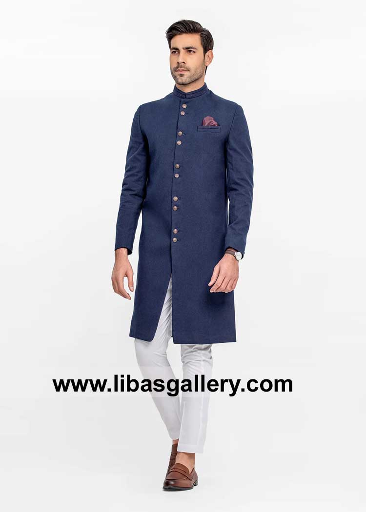 Dark Navy Blue Suiting Fabric Classic Men Sherwani Style regular fit and slim fit styles available with inner kurta pajama San Francisco Fresno Sacramento USA