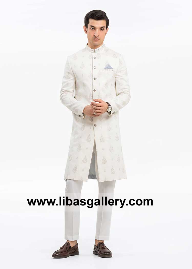 Off white Elegant and Modern Men Sherwani Design regular fit and slim fit pattern of stitching available with inner kurta trouser France Germany Qatar Australia