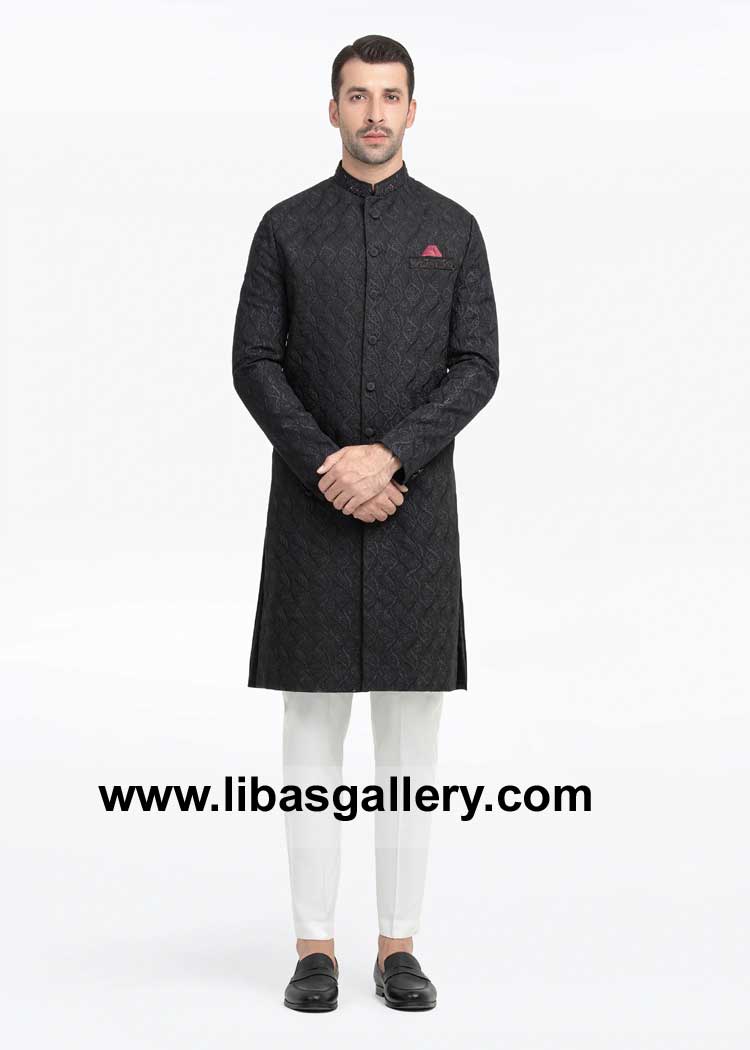 Black luxury Suiting Fabric Embroidered Groom Wedding Sherwani Style for Nikah and Happy wedding minutes with Family Saudi Arabia Qatar Kuwait UAE