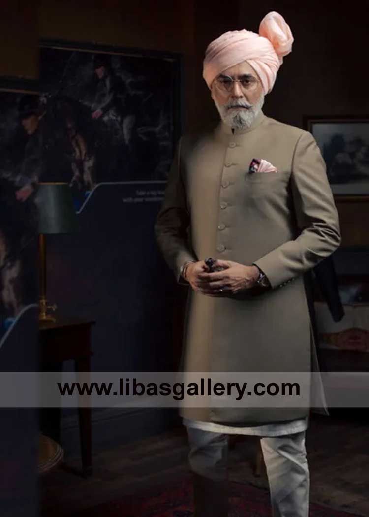 Father Sherwani in Khaki Color paired with white inner suit and bright peach Turban California New York Boston Florida USA
