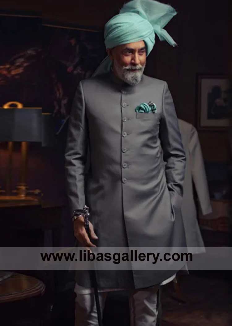 SHERWANI IN CORAL BLACK COLOR WITH WHITE INNER SUIT and striking blue Turban for Groom and Bride Father and Brother Massachusetts Texas Chicago USA