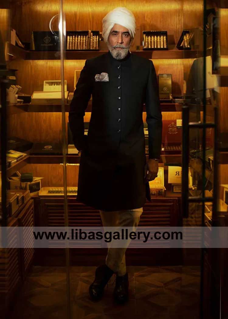 Carbon black sober sherwani for Groom and Bride Father and brother with matching inner and White organza Turban and Shoes Perth London Toronto Dubai Washington