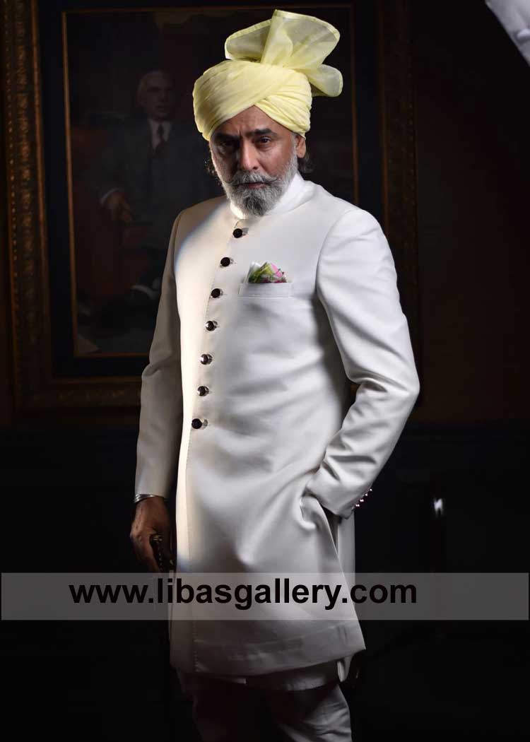 Vista White Suiting Fabric Sherwani for Father of Groom and Bride of any age paired with matching Inner and Corn Yellow organza Turban UK USA Canada Dubai Australia