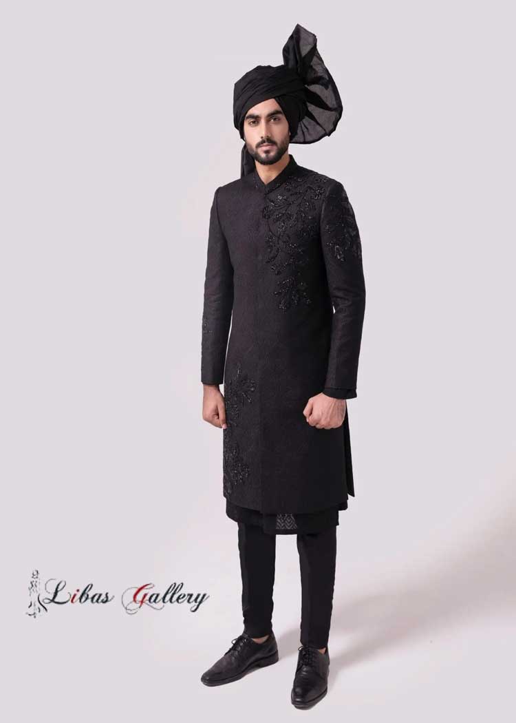 IMPERIAL BLACK SHERWANI WITH EXQUISITE Hand EMBROIDERY on Collar Sleeves and Front paired with matching inner Delaware Connecticut USA