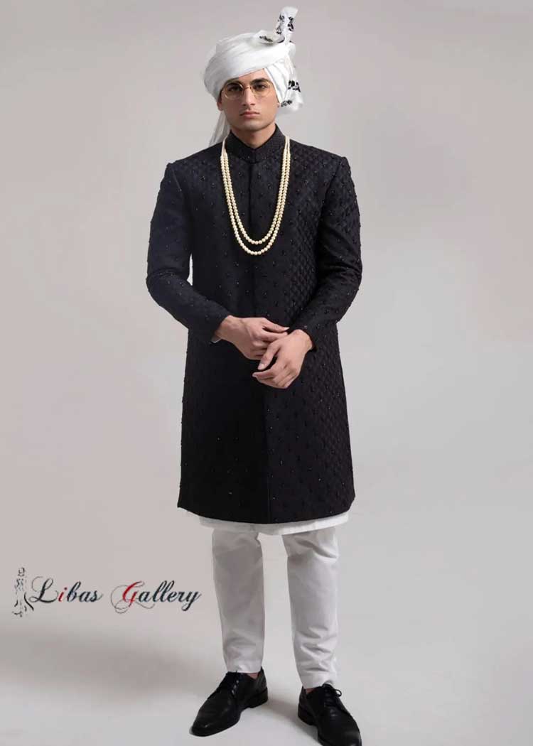 Exclusive Black embroidered wedding sherwani for Nikah Groom with white kurta pajama and Turban 