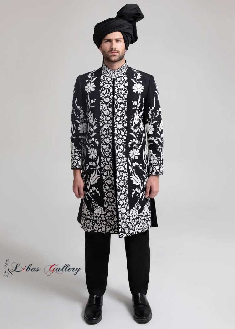 Black Sherwani with white sophisticated machine embroidery for the Groom Nikah day paired with inner and Turban Perth Vancouver Delaware Dubai