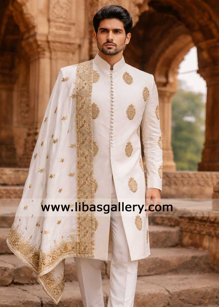 White Gold embroidered nikah groom shawl- Groom Shawl with Golden embroidery on borders Illinois Toronto
