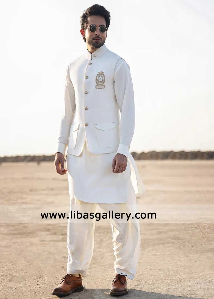 off white waistcoat with pocket embroidery for men occasion London UK