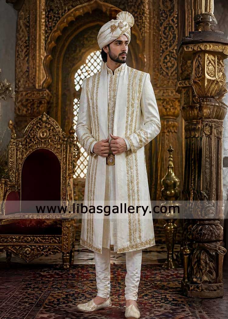 white luxury open sherwani for groom nikah with gold embroidery on collar sleeves front along lapel paired inner Detroit Louisville Ontario Sydney Dubai London white luxury open sherwani for groom nikah with gold embroidery on collar sleeves front along lapel paired inner Detroit Louisville Ontario Sydney Dubai London
