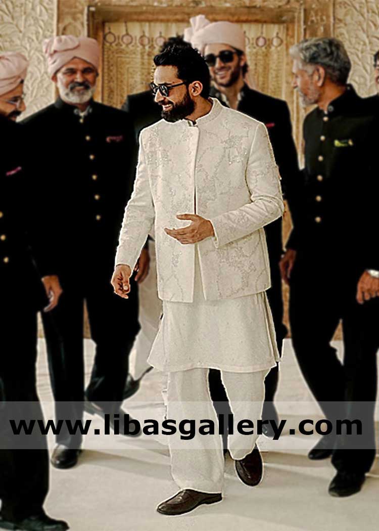 white luxury latest hand embroidered groom prince coat | prince coat 