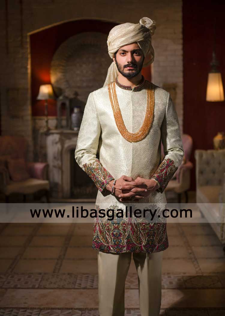 White Sherwani self embroidered fabric with multi color hand embellishment for Groom Nikah with Mala Inner Suit Turban Glasgow Illinois Dubai Sydney