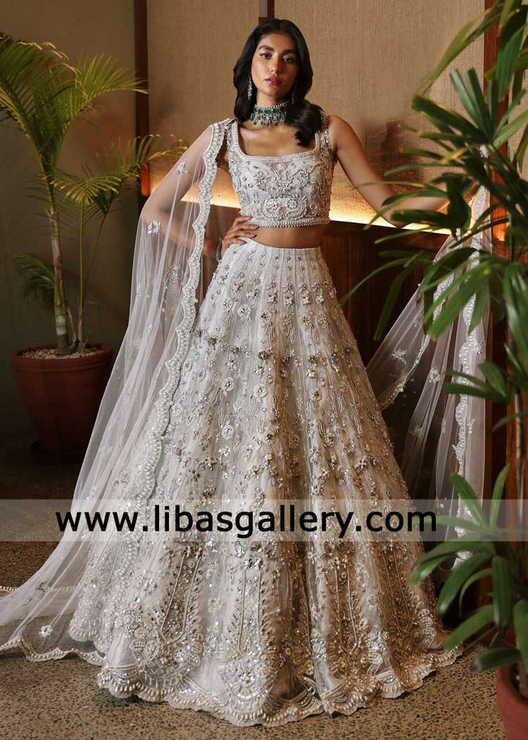 Bridal Lehenga Choli white silver hand embellished material based beautiful hand work for wedding look paired with bridal dupatta Scallop work