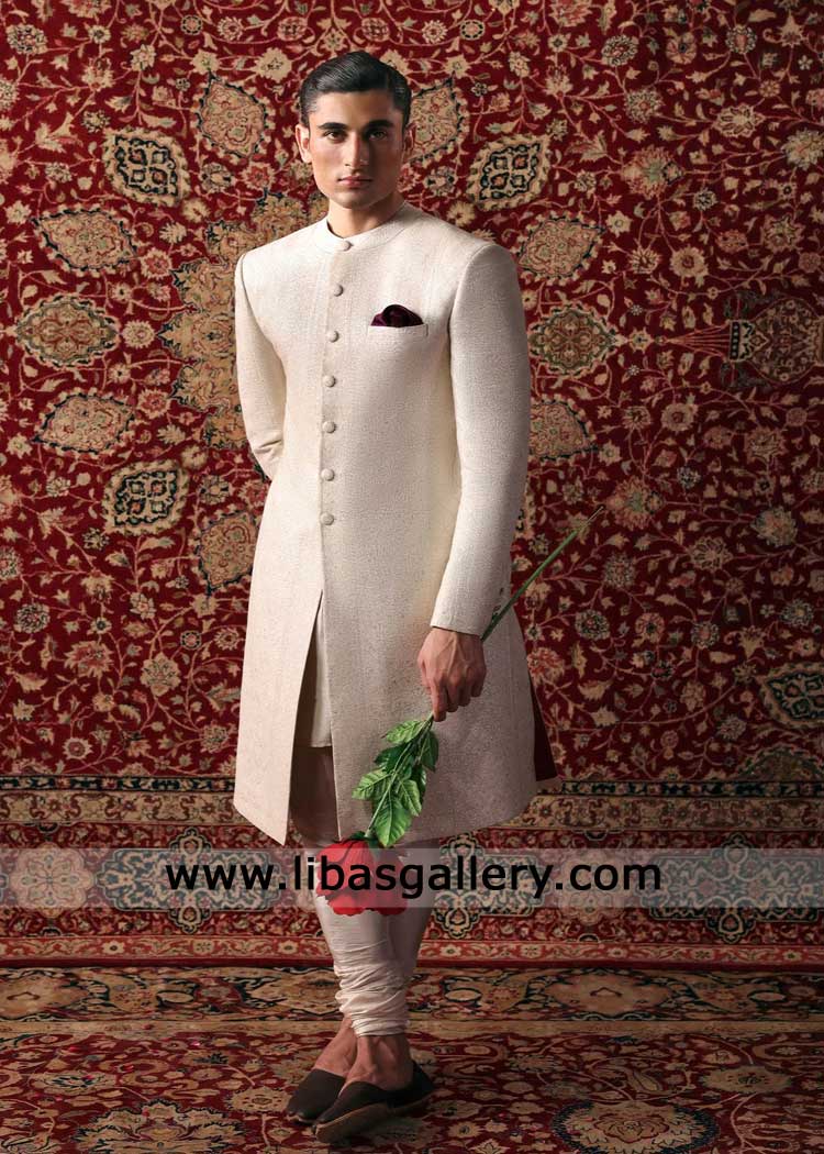 White Silver Wedding Sherwani for Nikah Groom with Zari Textured Fabric-Nikah wear for Men with matching inner Southhall London White Silver Wedding Sherwani for Nikah Groom with Zari Textured Fabric-Nikah wear for Men with matching inner Southhall London