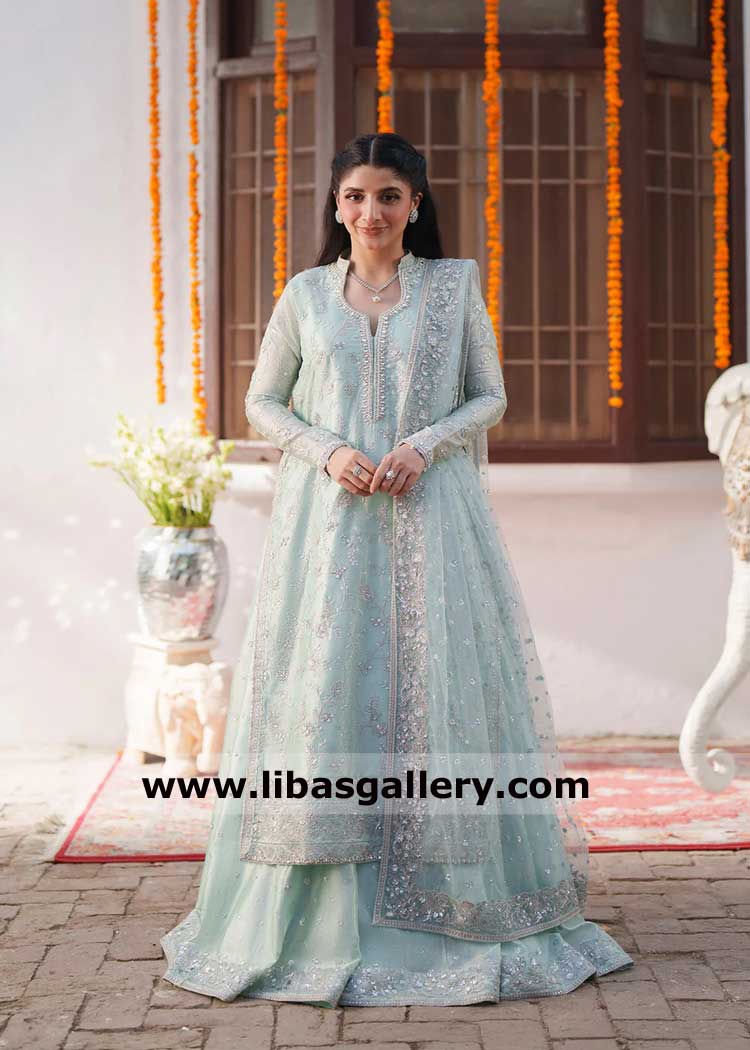 Women occasion Dress Ice Blue with fancy and heavy embroidery on shirt sharara and dupatta London Qatar Dubai Saudi Arabia Norway