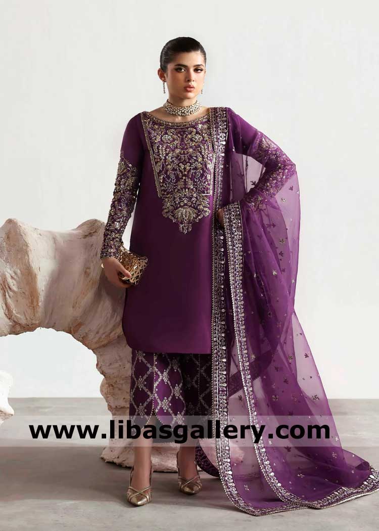 Purple silk embroidered occasion event dress with organza embroidered dupatta and silk trouser UK USA Canada Dubai Australia