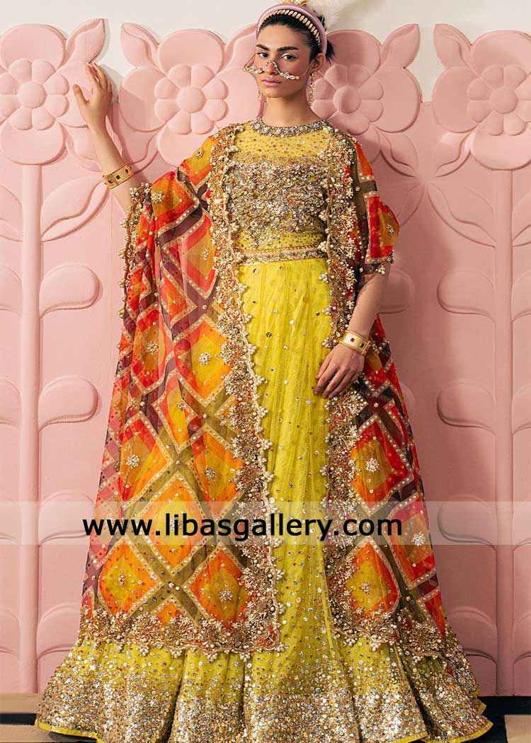 Traditional yellow choli and lehenga with dupatta for mehndi wedding 