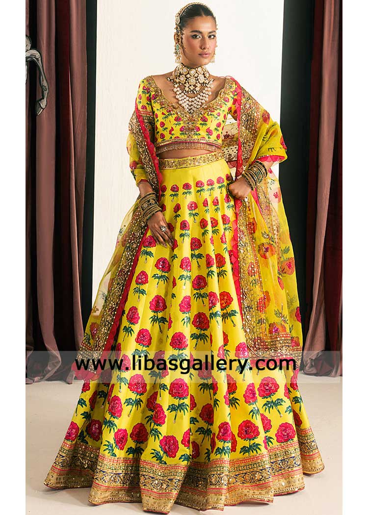 Yellow Floral Printed Lehenga Choli with Embroidered Border Dupatta | Mehndi Wear